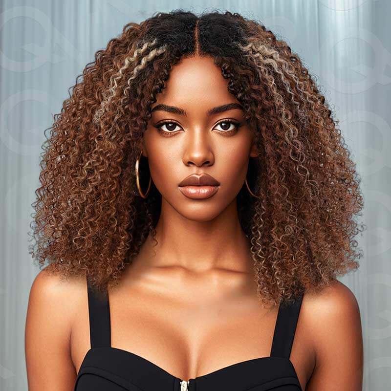 QVR Invisible Lace Edge Kinky Curly V Part Wigs Highlight #1B/33/30/613 No Leave Out Human Hair Wig - Image 5