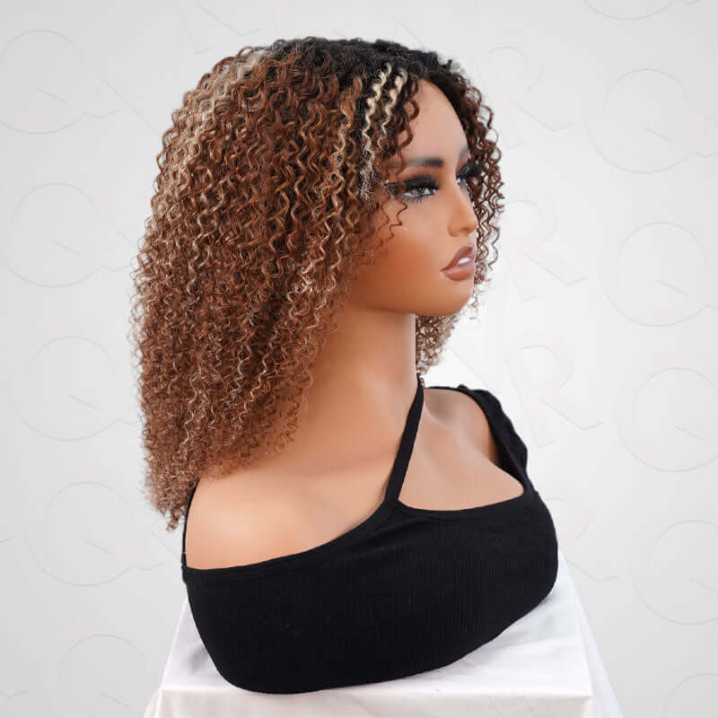 QVR Invisible Lace Edge Kinky Curly V Part Wigs Highlight #1B/33/30/613 No Leave Out Human Hair Wig - Image 7