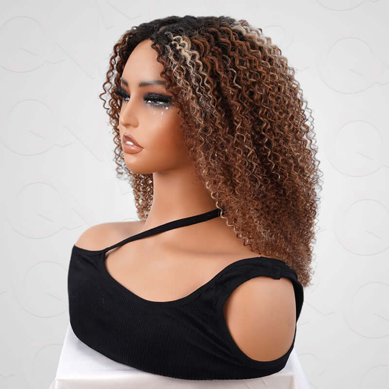 QVR Invisible Lace Edge Kinky Curly V Part Wigs Highlight #1B/33/30/613 No Leave Out Human Hair Wig - Image 8