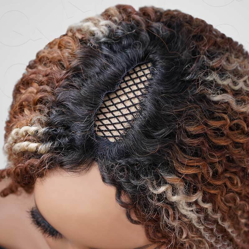 QVR Invisible Lace Edge Kinky Curly V Part Wigs Highlight #1B/33/30/613 No Leave Out Human Hair Wig - Image 9
