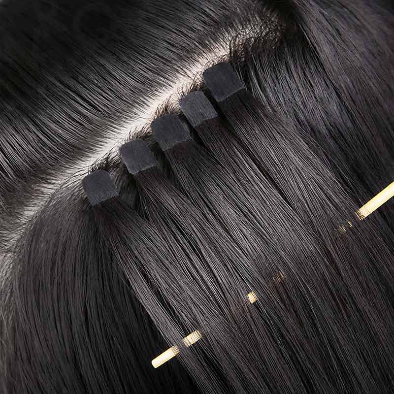 QVR Invisible Straight Tape In Hair Extensions Natural Black Premium Human Hair - Image 4