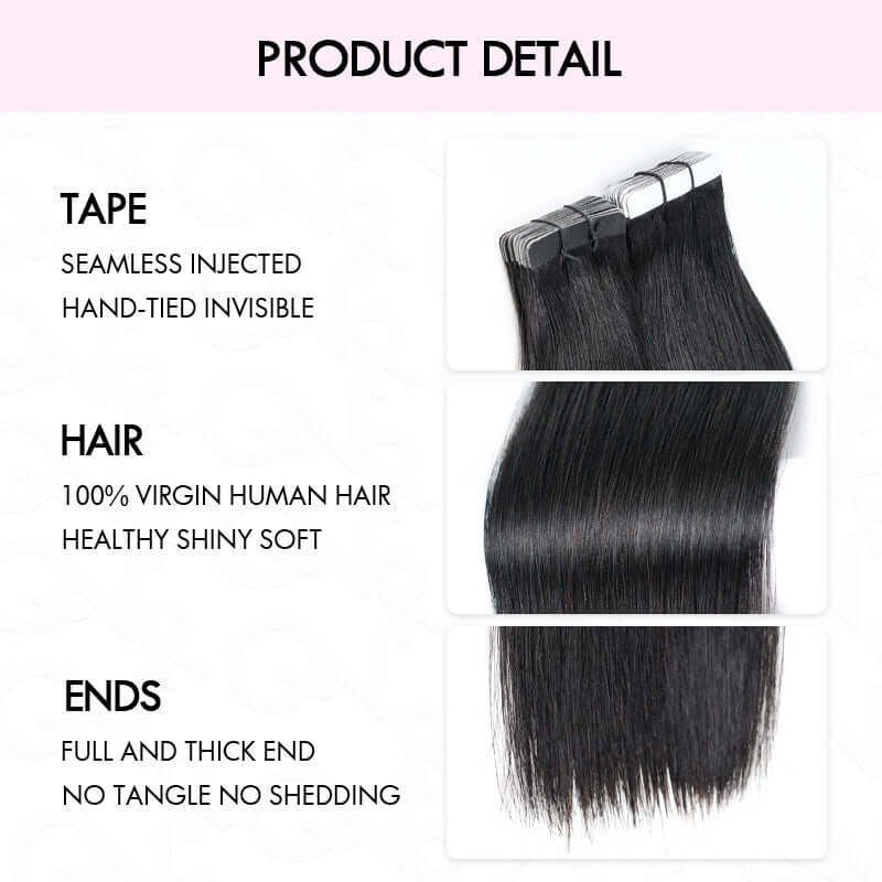 QVR Invisible Straight Tape In Hair Extensions Natural Black Premium Human Hair - Image 8