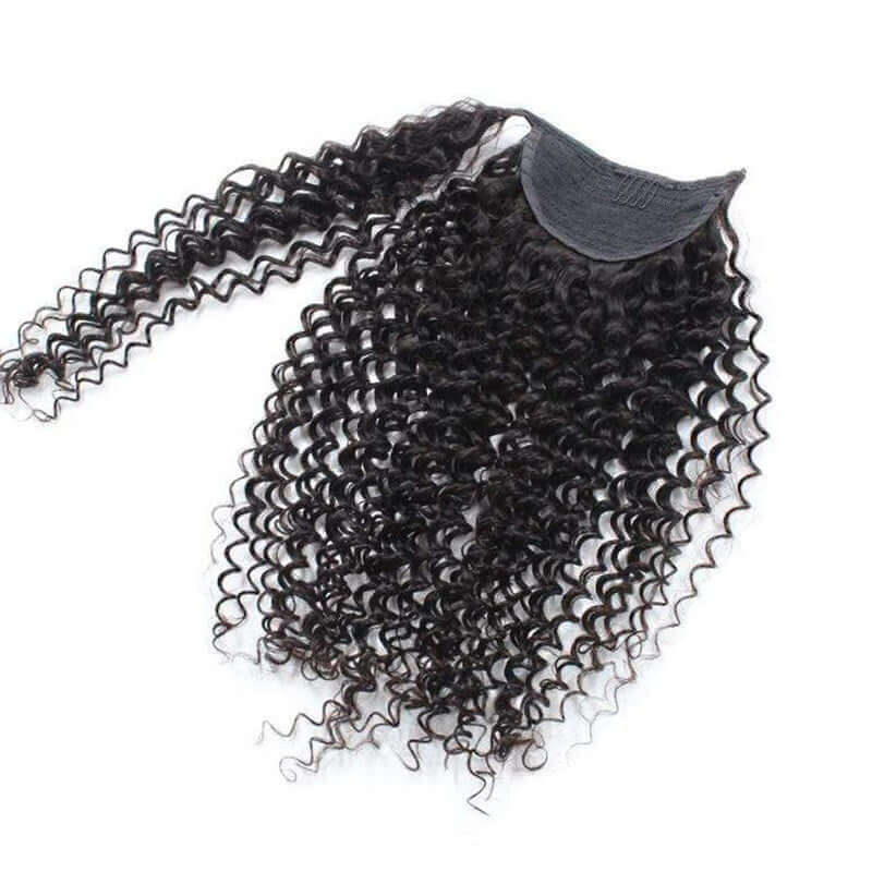 QVR Kinky Curly Ponytail Extension Human Hair Wrap Around Natural Black Clip In Ponytail Hair - Image 3