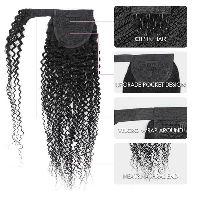 QVR Kinky Curly Ponytail Extension Human Hair Wrap Around Natural Black Clip In Ponytail Hair - Image 4