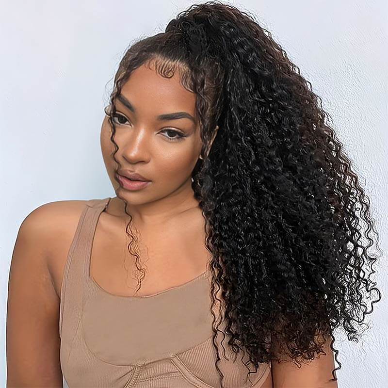 QVR Kinky Curly Ponytail Extension Human Hair Wrap Around Natural Black Clip In Ponytail Hair - Image 5