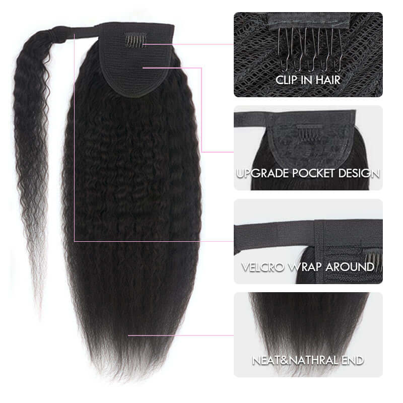 QVR Kinky Straight Ponytail Extension Human Hair Wrap Around Natural Black Clip In Ponytail Hair - Image 3