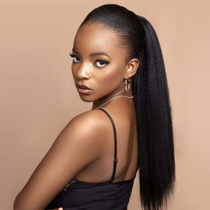 QVR Kinky Straight Ponytail Extension Human Hair Wrap Around Natural Black Clip In Ponytail Hair - Image 4