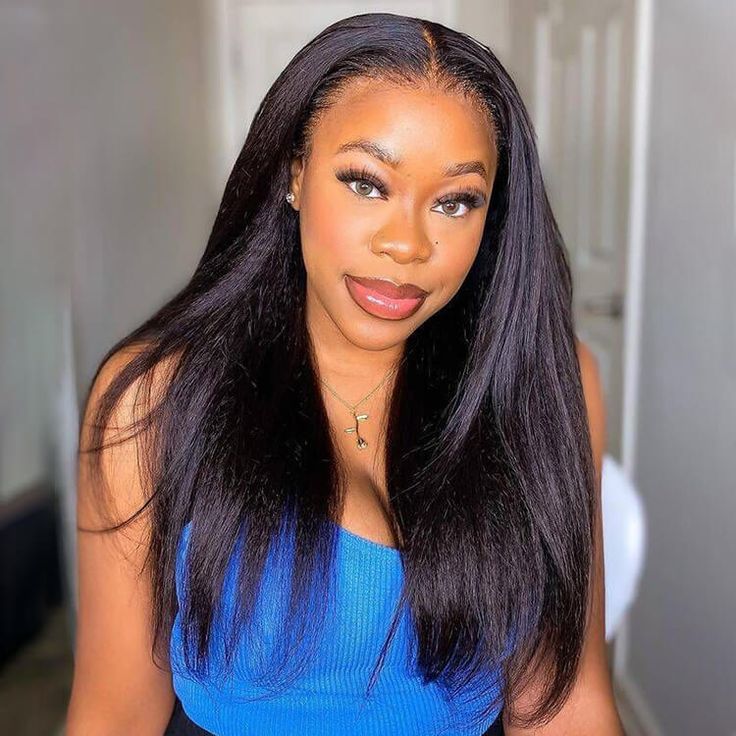 QVR Long Kinky Straight Unprocessed Yaki Human Hair 13x4 Lace Front Wig - Image 2