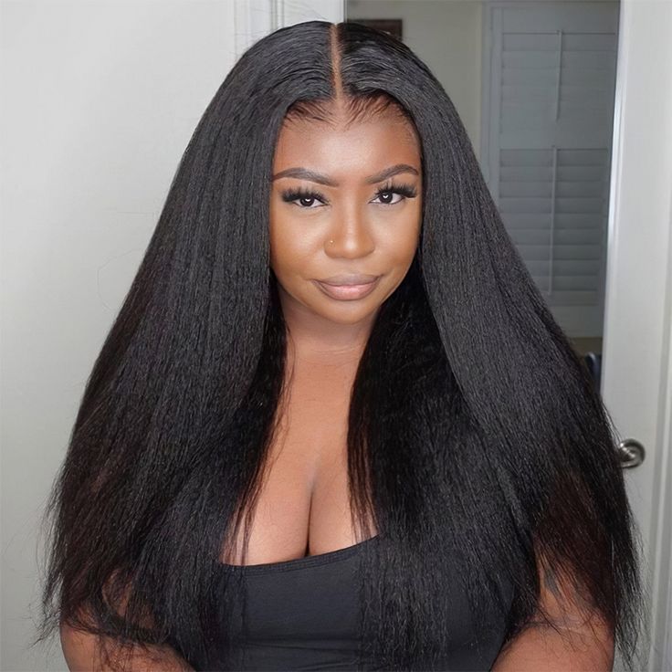 QVR Long Kinky Straight Unprocessed Yaki Human Hair 13x4 Lace Front Wig - Image 3