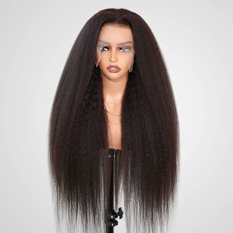 QVR Long Kinky Straight Unprocessed Yaki Human Hair 13x4 Lace Front Wig - Image 5
