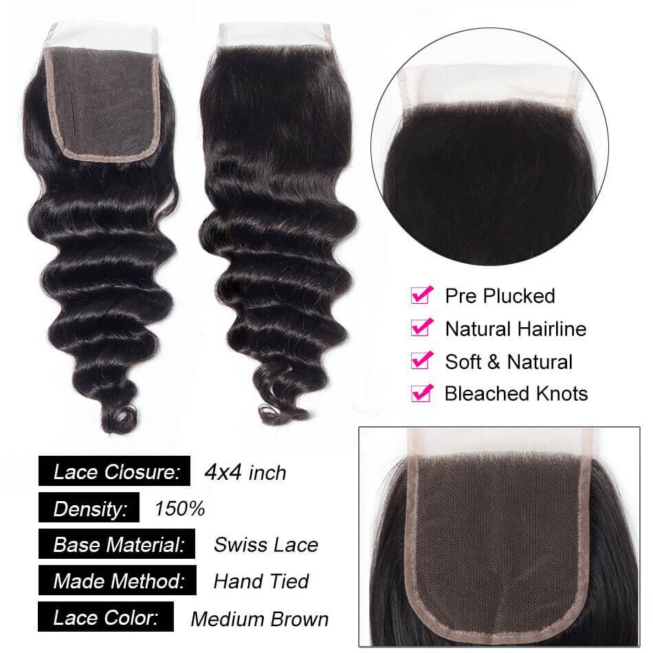 QVR Loose Deep Wave 4X4 Closure Natural Color Virgin Human Hair - Image 4