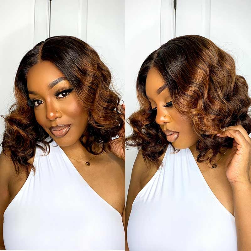 QVR Loose Wave 13x4x1 T part Lace Ombre Brown Human Hair Wigs Glueless Short Bob Wig - Image 2