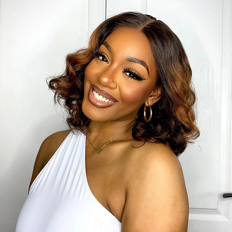 QVR Loose Wave 13x4x1 T part Lace Ombre Brown Human Hair Wigs Glueless Short Bob Wig - Image 4