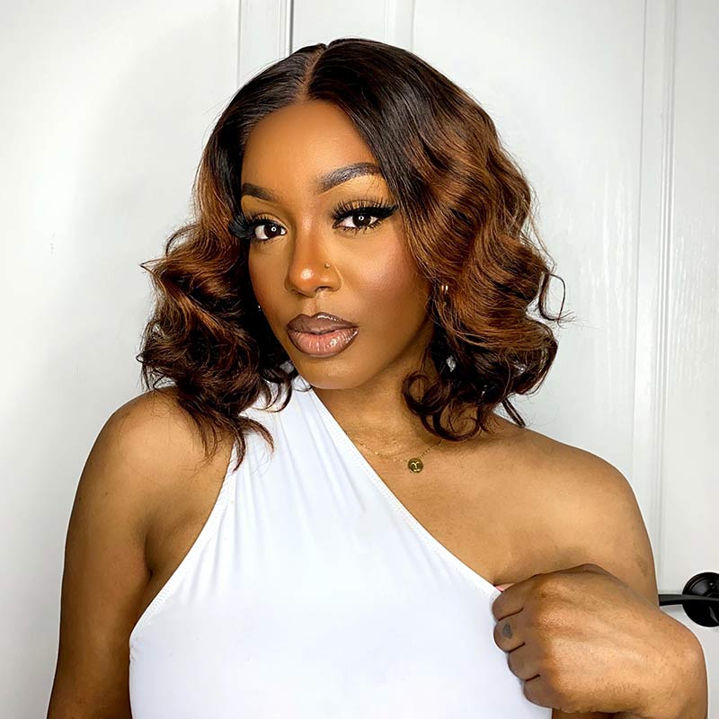 QVR Loose Wave 13x4x1 T part Lace Ombre Brown Human Hair Wigs Glueless Short Bob Wig - Image 5