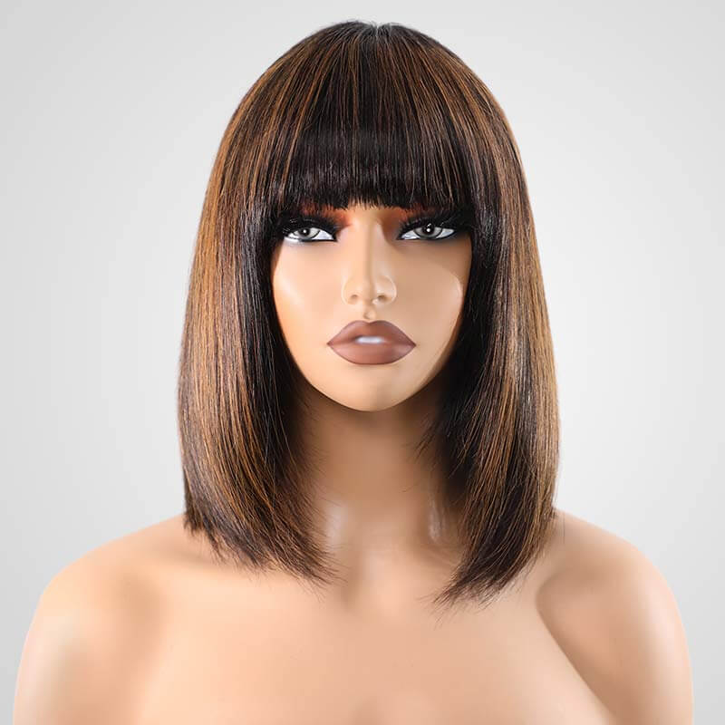 QVR Minimum Lace Highlight Brown Straight Short Bob Wig 1B/30 Layer Cut With Bangs - Image 2