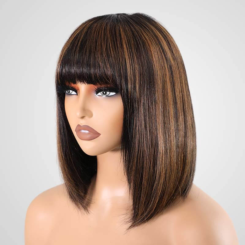 QVR Minimum Lace Highlight Brown Straight Short Bob Wig 1B/30 Layer Cut With Bangs - Image 3