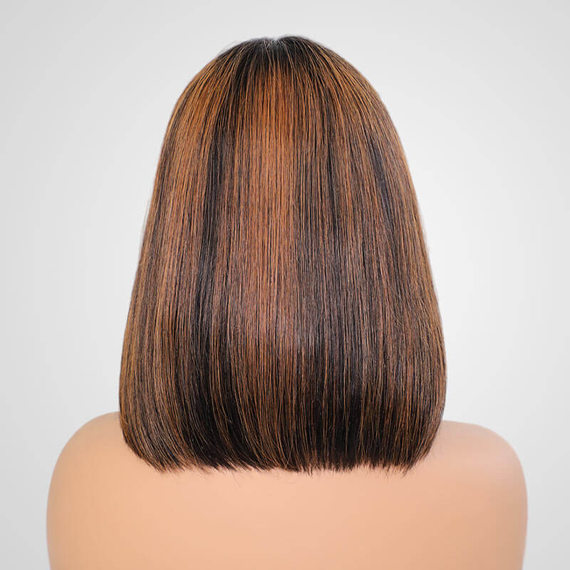 QVR Minimum Lace Highlight Brown Straight Short Bob Wig 1B/30 Layer Cut With Bangs - Image 4