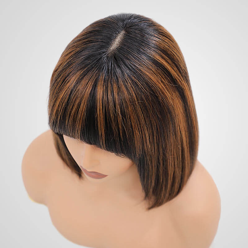 QVR Minimum Lace Highlight Brown Straight Short Bob Wig 1B/30 Layer Cut With Bangs - Image 5