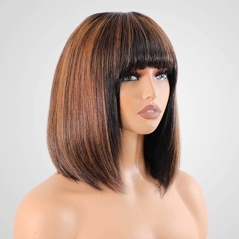 QVR Minimum Lace Highlight Brown Straight Short Bob Wig 1B/30 Layer Cut With Bangs - Image 6