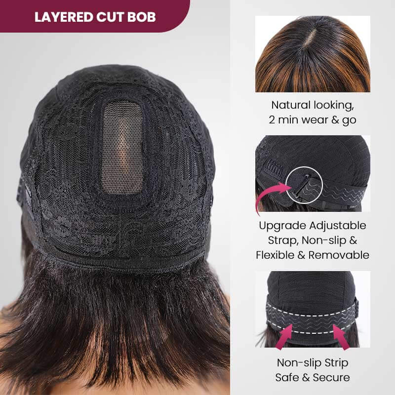 QVR Minimum Lace Highlight Brown Straight Short Bob Wig 1B/30 Layer Cut With Bangs - Image 7