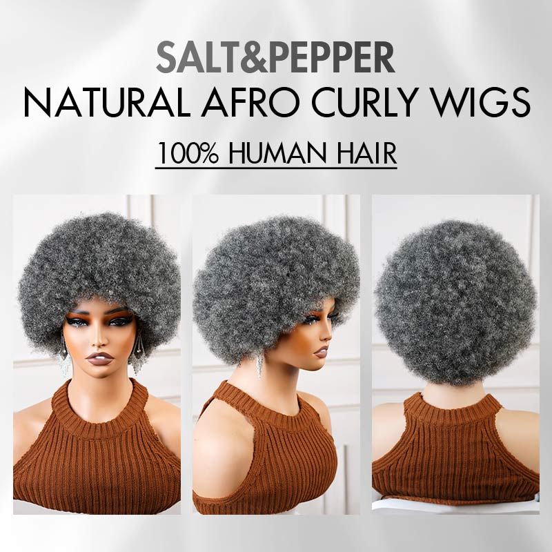 QVR Natural Afro Curly Wigs Salt&Pepper Pixie Cut Short Curly Human Hair Wigs - Image 3