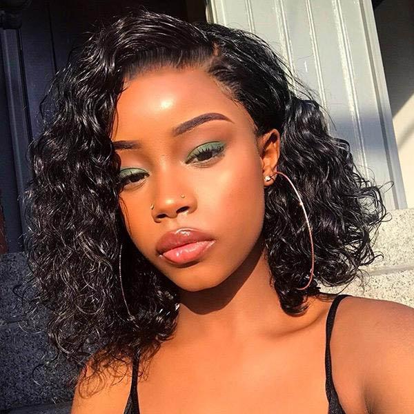 QVR Natural Black Side Part Water Wave Glueless T Part Lace Wigs Short Bob Wig - Image 5