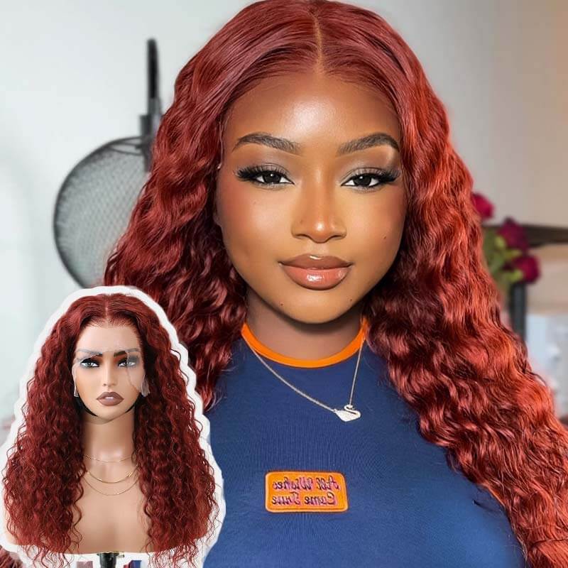 QVR New Auburn Brown 13x4 Lace Frontal Water Wave Pre-plucked Human Hair Wigs - Image 3