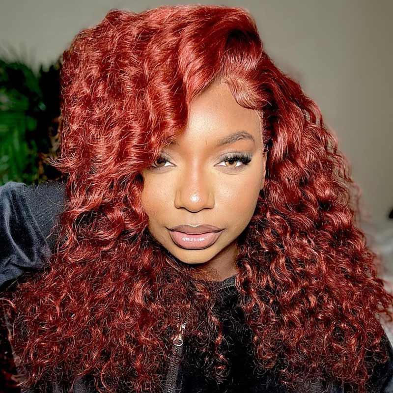 QVR New Auburn Brown 13x4 Lace Frontal Water Wave Pre-plucked Human Hair Wigs - Image 4
