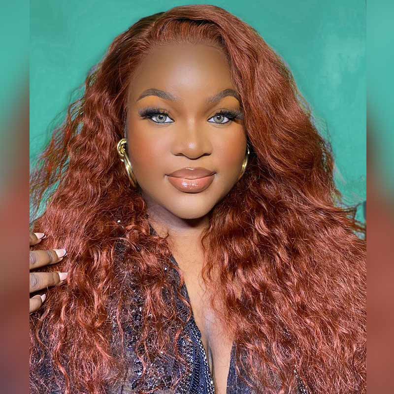 QVR New Auburn Brown 13x4 Lace Frontal Water Wave Pre-plucked Human Hair Wigs - Image 5