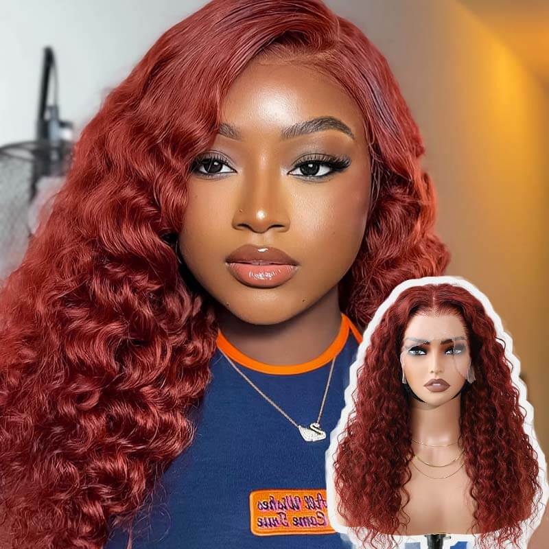 QVR New Auburn Brown 13x4 Lace Frontal Water Wave Pre-plucked Human Hair Wigs - Image 6