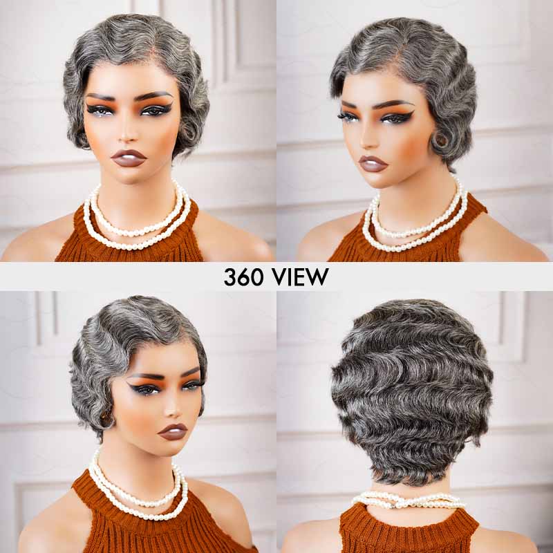 QVR Ocean Weave Salt & Pepper Short Pixie Cut Wigs Glueless 13X4 Pre-cut Lace Human Hair Wigs - Image 3