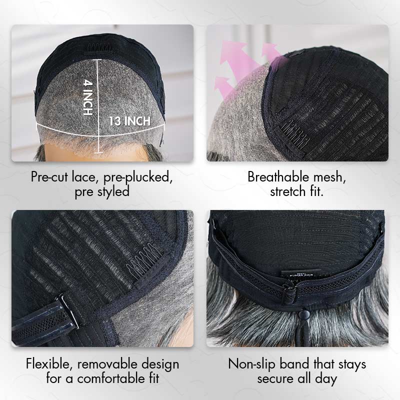 QVR Ocean Weave Salt & Pepper Short Pixie Cut Wigs Glueless 13X4 Pre-cut Lace Human Hair Wigs - Image 5