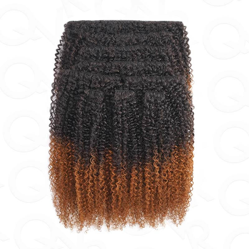 QVR Ombre Brown 9PCS Weft Clip In Hair Extensions Volumizer #T1B/30 Afro Kinky Curly Clip In Human Hair - Image 2