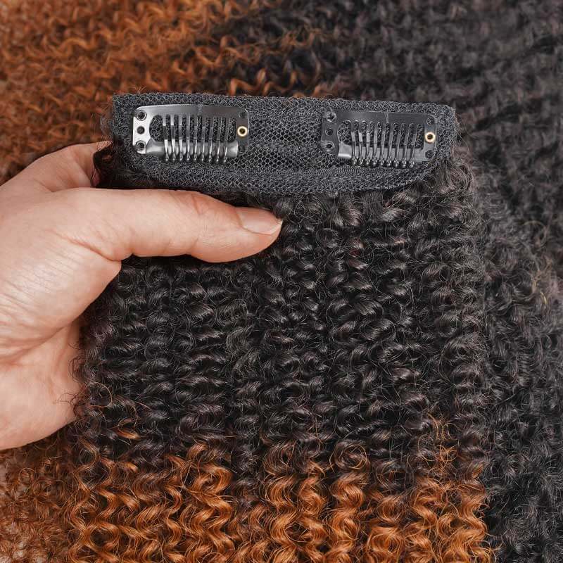 QVR Ombre Brown 9PCS Weft Clip In Hair Extensions Volumizer #T1B/30 Afro Kinky Curly Clip In Human Hair - Image 3