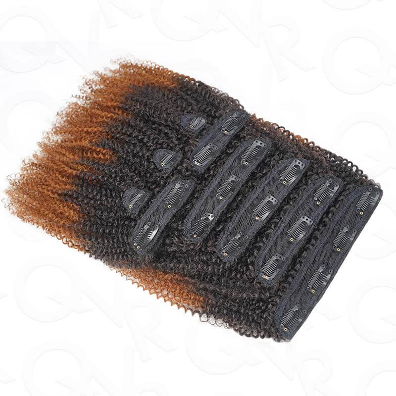 QVR Ombre Brown 9PCS Weft Clip In Hair Extensions Volumizer #T1B/30 Afro Kinky Curly Clip In Human Hair - Image 4