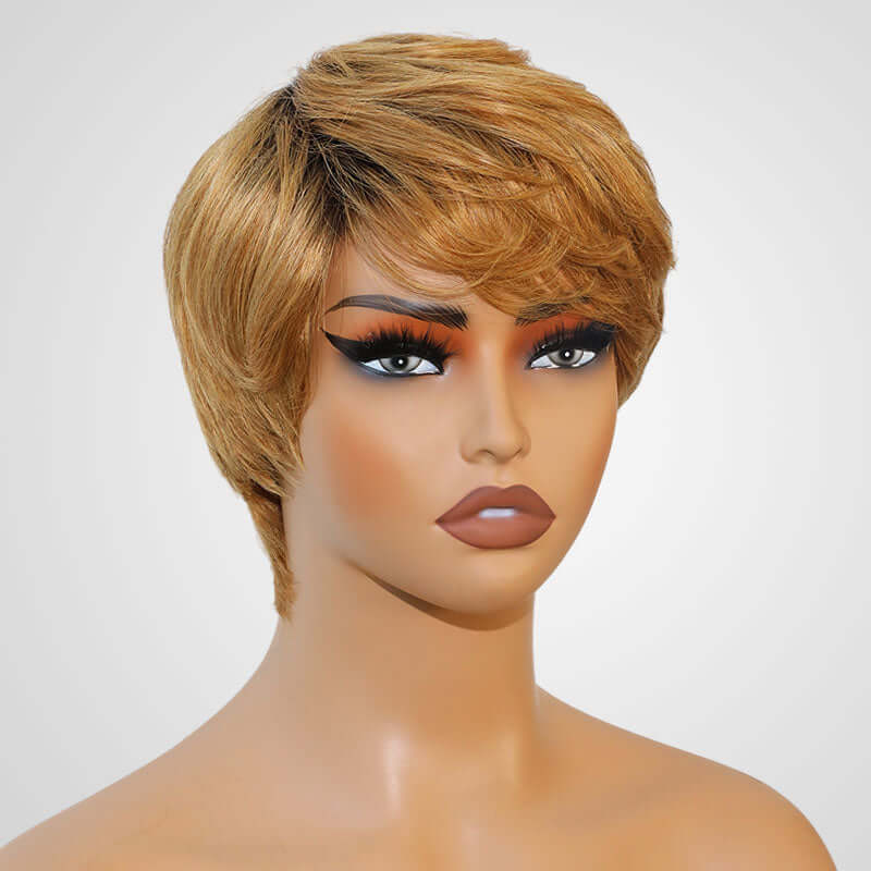 QVR Ombre Brown Blonde Short Human Hair Wig Machine Made Wigs - Image 5