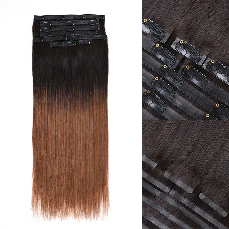 QVR Ombre Brown PU Clip In Hair Extensions Straight Seamless Clip In Human Hair - Image 2