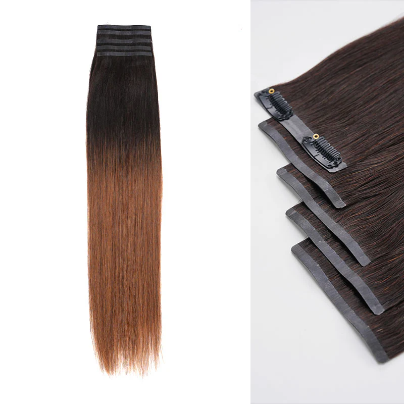 QVR Ombre Brown PU Clip In Hair Extensions Straight Seamless Clip In Human Hair - Image 3