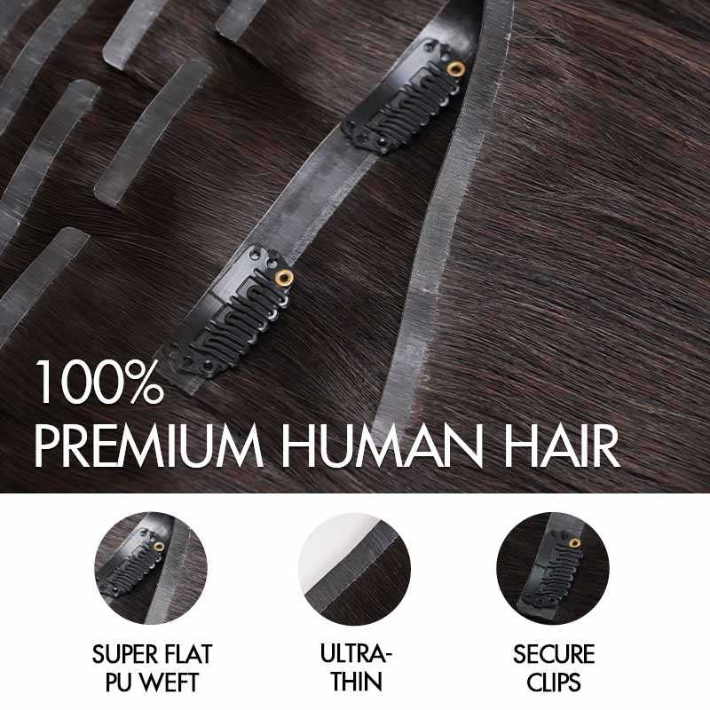 QVR Ombre Brown PU Clip In Hair Extensions Straight Seamless Clip In Human Hair - Image 4