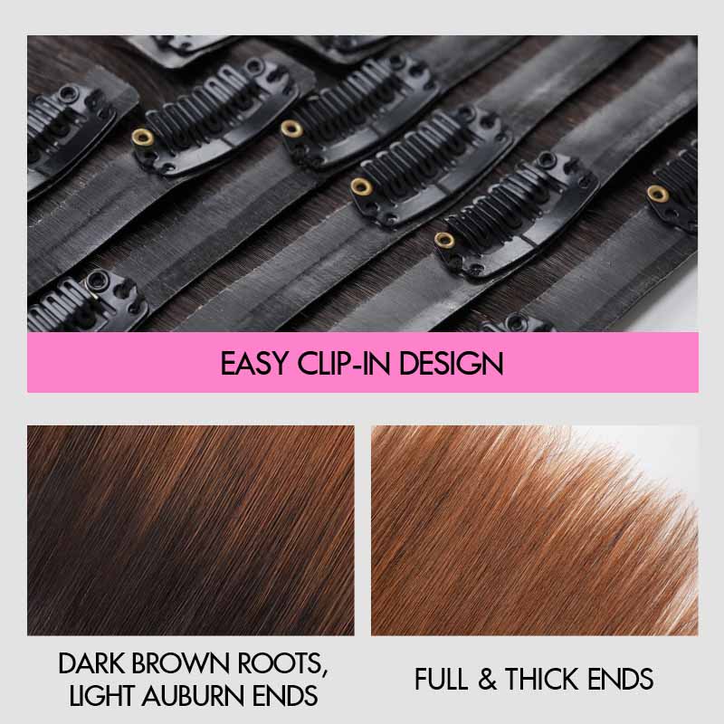 QVR Ombre Brown PU Clip In Hair Extensions Straight Seamless Clip In Human Hair - Image 5