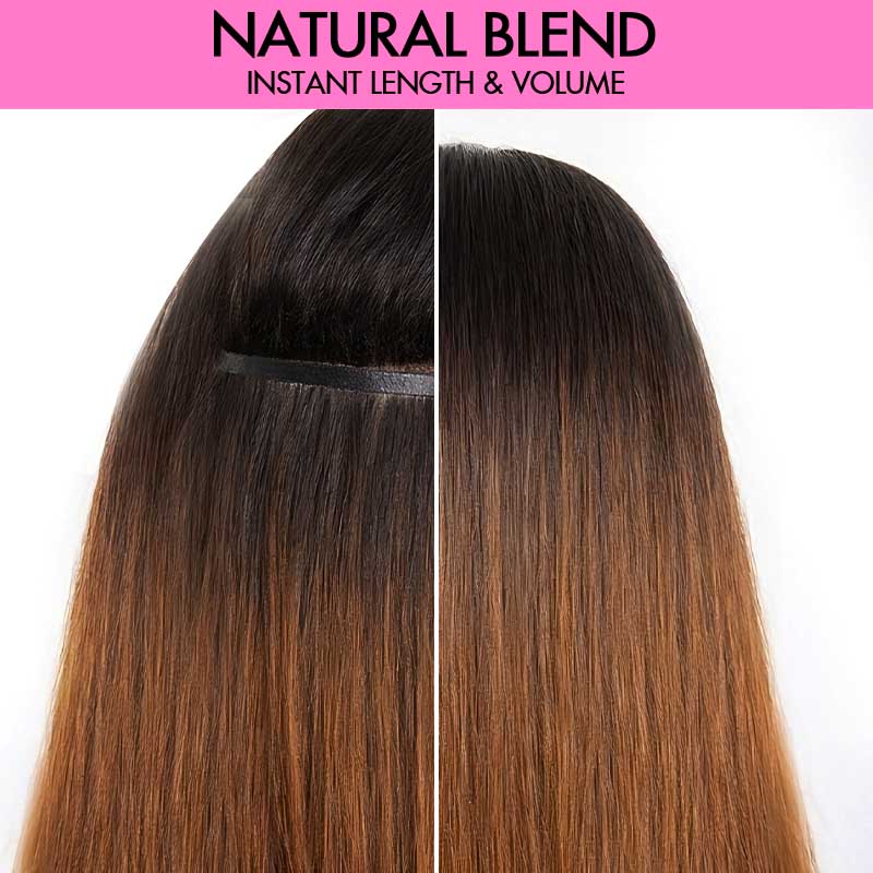 QVR Ombre Brown PU Clip In Hair Extensions Straight Seamless Clip In Human Hair - Image 6