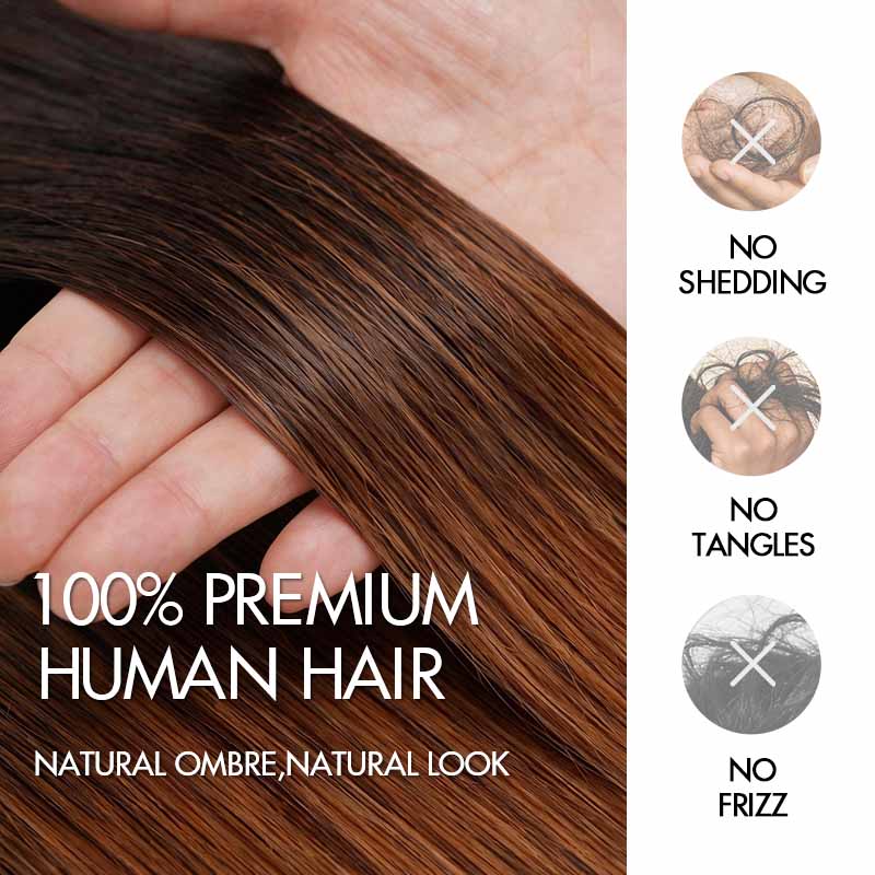 QVR Ombre Brown PU Clip In Hair Extensions Straight Seamless Clip In Human Hair - Image 7