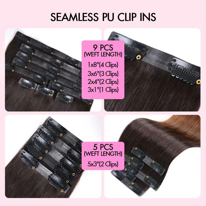 QVR Ombre Brown PU Clip In Hair Extensions Straight Seamless Clip In Human Hair - Image 8