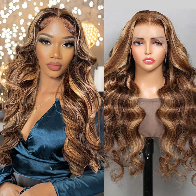 QVR P4/27 Body Wave 13x4 Lace Frontal Wig Honey Blonde Highlights Human Hair Wigs