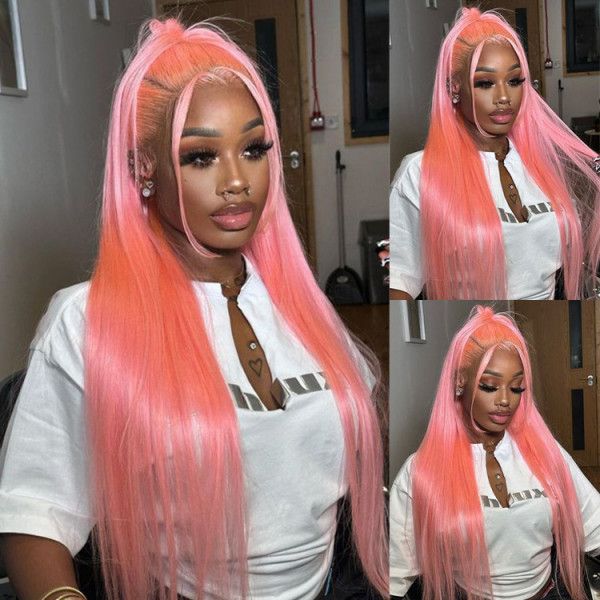 QVR Pink Color 13x4 Transparent Lace Front Wig Bone Straight Pre-plucked Human Hair Wigs - Image 2