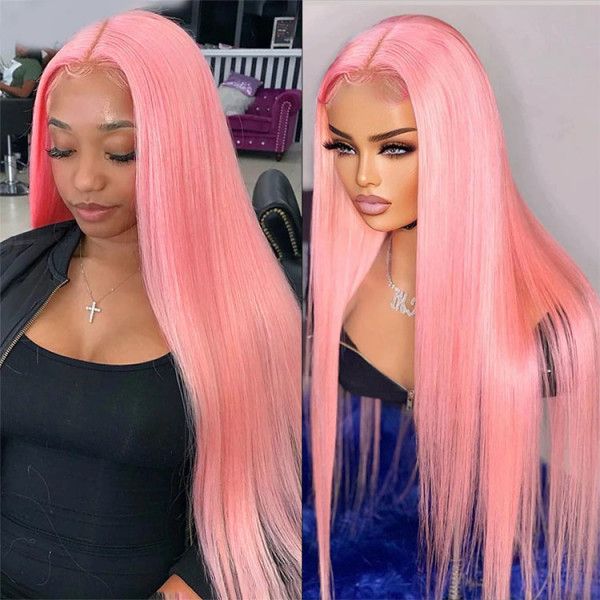 QVR Pink Color 13x4 Transparent Lace Front Wig Bone Straight Pre-plucked Human Hair Wigs - Image 3