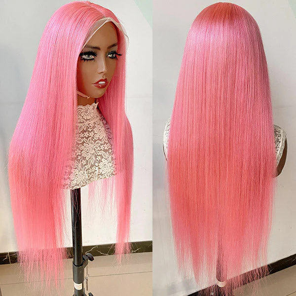 QVR Pink Color 13x4 Transparent Lace Front Wig Bone Straight Pre-plucked Human Hair Wigs - Image 4