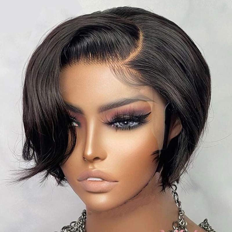 QVR Pixie Cut Style Short Hair Natural Black Color T Part Lace Frontal Human Hair Wig - Image 3