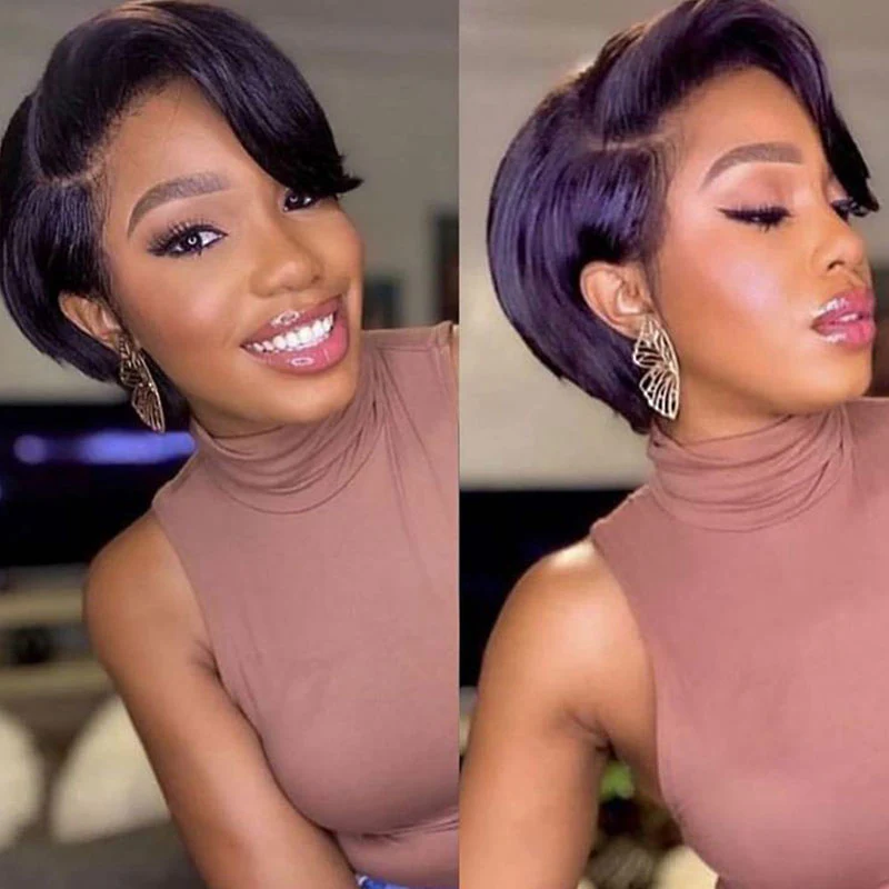 QVR Pixie Cut Style Short Hair Natural Black Color T Part Lace Frontal Human Hair Wig - Image 4
