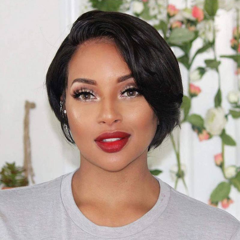 QVR Pixie Cut Style Short Hair Natural Black Color T Part Lace Frontal Human Hair Wig - Image 6